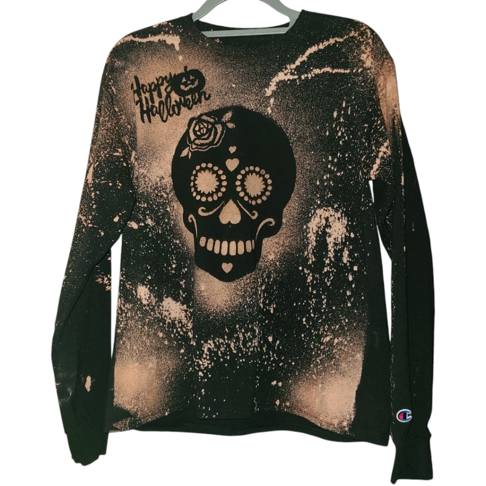 Halloween Acid Wash Skull black long sleeved shirt by‎ CHAMPION SIZE M - Picture 9 of 9